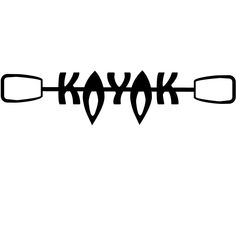 the word kayak is written in black on a white background with two paddles