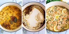 three images showing the steps to make shrimp soup