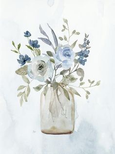 a painting of flowers in a vase on a white background with blue and gray leaves