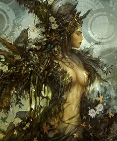 an image of a woman with feathers on her head and the words forest goddess rheea, daughter of gaia earth