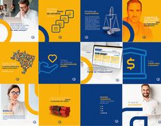 a series of brochures with images of people, money and law related items