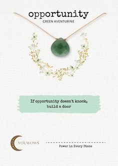 an advertisement with the words opportunity written on it and a green heart pendant in front