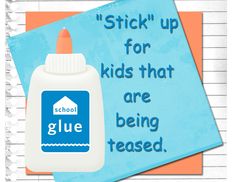 a bottle of glue next to a piece of paper with the words school glue on it