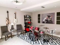 a living room filled with furniture and musical instruments