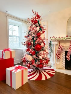 a red and white christmas tree decorated with candy canes