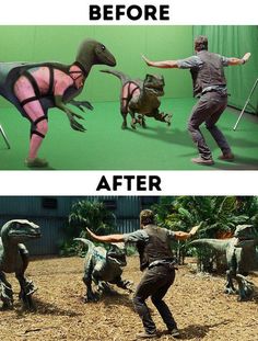 a man is dancing in front of some fake dinosaurs and the caption says, before after