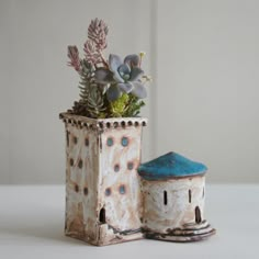 a ceramic planter with succulents in it next to a blue vase