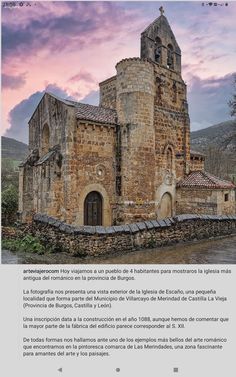 an old church in the middle of a river with mountains in the background and text below it