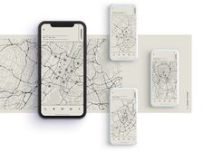 three cell phones are shown next to each other on a white background, with the same map in front of them