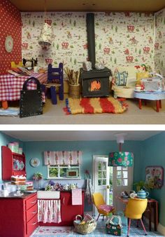 two photos side by side of a dollhouse kitchen and living room