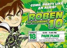 an image of a flyer for a party with a cartoon character on the front and green background