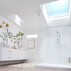 a bathroom with a skylight and white walls, flooring and furniture in it