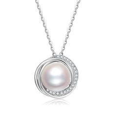 a white pearl and diamond pendant on a chain