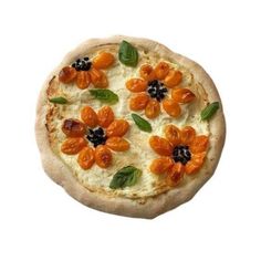 a small pizza with orange flowers on it