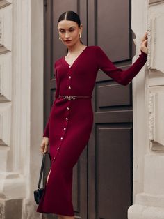 Demure Outfit Classy, High Quality Clothing, Burgundy Winter Dress, Fall Red Dress, Red Midi Dress Outfit Classy, Woolen Dress, Timeless Elegance Style, Casual Red Dress Outfit, Long Sleeve Red Dress