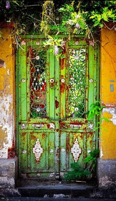 an old green door with vines growing out of it's sides and on the outside