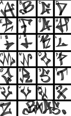 the alphabets and numbers are drawn in black ink on white paper, each with different letters