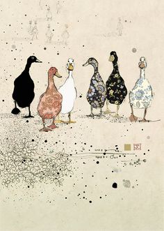 four ducks are standing in a line on the ground, one is looking at another