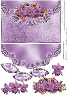 an image of purple flowers in the middle of two different cards and envelopes with place for text