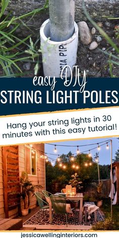 Easy DIY String Light Poles: hang your string lights in 30 minutes with this easy tutorial! PVC string light poles Diy String Light Poles, Outdoor String Light Poles, String Light Poles, Diy String Lights, Deck Decorating Ideas, Diy Outdoor Decor, Light Pole, Outdoor Diy Projects