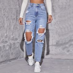 American Retro Hole-punched Jeans Women High Waist Straight-crotch Loose Slim Design High-street Denim Jeans Fashion, Jeans Claro, Middle Age Fashion, Jeans Button, Jeans Distressed