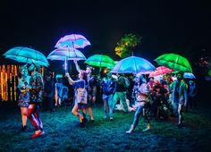 a group of people with umbrellas standing in the grass at night, some holding up their arms