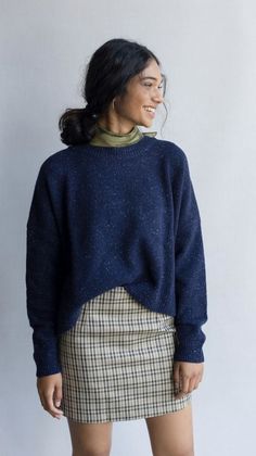 Cozy Fall Sweater, Casual Spring Outfits, Layering Essentials, Check Mini Skirt, Autumn Wardrobe, Fall Sweater, Blue Sweater, Casual Spring, 가을 패션