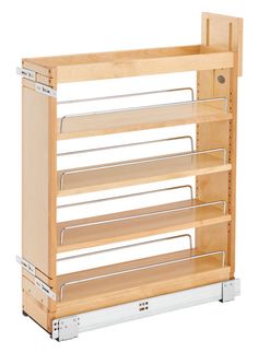 a wooden shelf with four shelves on each side and two metal rails at the bottom