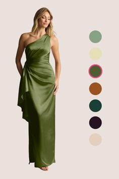 a woman in a green dress with different colors