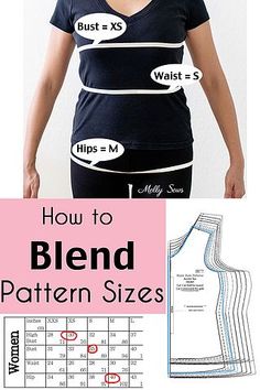 a woman wearing a black shirt with the words how to blend pattern sizes on it