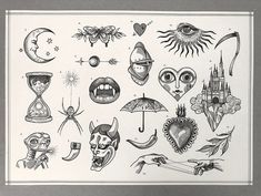 an old school tattoo flash sheet with various tattoos on it, including the moon and other symbols