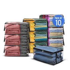 an assortment of folded clothes and bags with the back of each bag labeled pack of 10