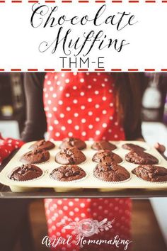 chocolate muffins on a tray with the title above it