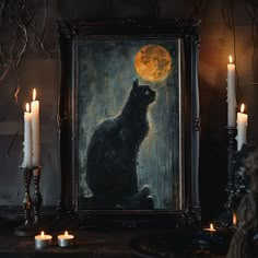 a painting of a black cat sitting in front of a full moon with lit candles