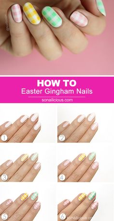 How To Do Gingham Nails, Easter Plaid Nails, Gingham Nails Tutorial, Pastel Plaid Nails, Easter Nail Art Tutorial, Gingham Nails, Spring Pedicure, Nails Easter