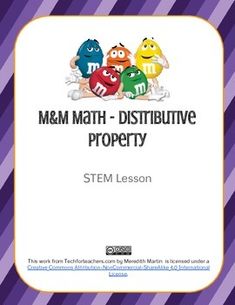 a book cover with the title m & m math - distributive property