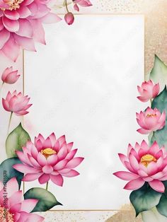 pink flowers and leaves on a white background with a gold border around the edges for text