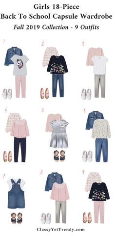 Girls 18-Piece Back To School Capsule Wardrobe: Fall 2019 Sizes 1-10Y + 9 Outfits - Classy Yet Trendy Back To School Outfits For Kids, Back School Outfits, Over 40 Outfits, Classy Yet Trendy, Denim Overall Dress, Kids Wardrobe, Cute Outfits For School, Fall Capsule Wardrobe