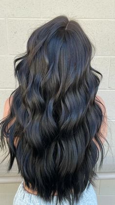 Hair Inspo For Long Black Hair, Solid Black Hair Color, Black Toned Hair, Black Hair With Definition, Hair Ideas For Brunettes Colored, Dark Hair Ideas For Pale Skin, Dark Hair Color Ideas By Hair Pattern, Black Waist Length Hair, Cute Black Hair Dye Ideas