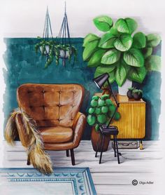 a watercolor painting of a living room with plants and other things on the floor