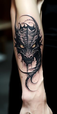 a person with a tattoo on their arm that has a dragon head and yellow eyes