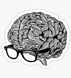 a drawing of a brain with glasses on it's side sticker is shown in black and white