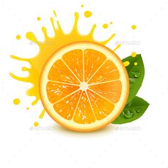 an orange sliced in half with leaves and juice splashing around it - food objects