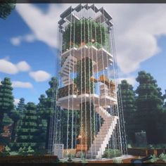 a tall tower with lots of plants growing on it's sides in the sky