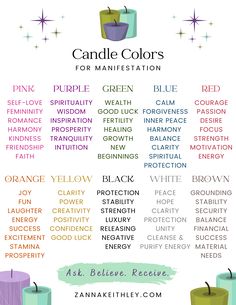 Manifestation Colors Meaning, Crystal Colors And Meanings, Meaning Of Candle Colors, Candles For Manifestation, Color Candles Meaning, Witch Insence Guide, Candles Colors And Meanings, Intention Candles Meaning, Spiritual Candles Color Meanings