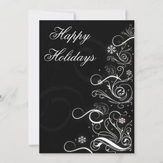 a black and white holiday card with swirls