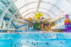 an indoor swimming pool with people in it