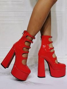 Red Ankle Boots, Daily Shoes, Striped Shoes, Head Color, Thick Heel, Platform Ankle Boots