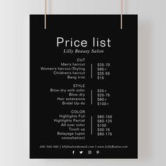 a black and white price list hanging on a wall