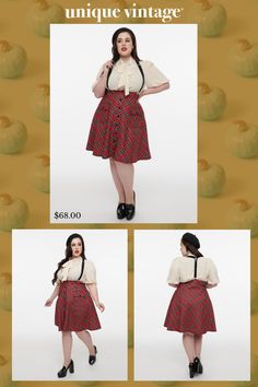 This sweet 1950s plus size flare skirt is crafted in a red bias plaid print. The high waist silhouette boasts removable and adjustable suspenders, a button front, and front pockets! . Available in sizes XS-5X while supplies last. | Unique Vintage Plus Size 1950S Red Bias Plaid Suspender Flare Skirt | Size 1X/16 Vintage Plus Size, Rockabilly Fashion, Plaid Print, Flare Skirt, Suspenders, Unique Vintage, High Waist, Plaid, High Waisted